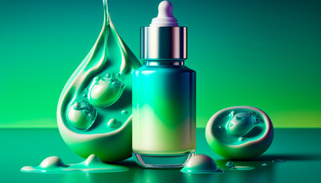 An image of bottle with liquid and drops on green background. Generative AI.の素材