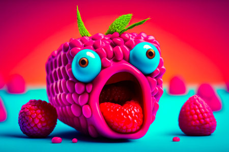 An image of raspberry with eyes and mouth. Generative AI.の素材