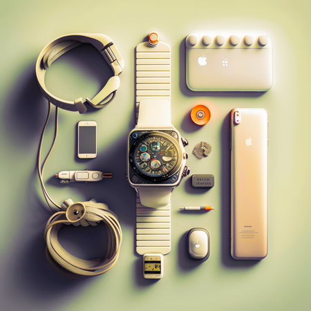 An apple watch, headphones, and other accessories laid out on table. Generative AI.の素材