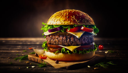 Hamburger with cheese and vegetables on top of wooden table. Generative AI.の素材