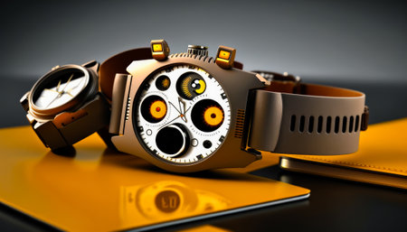 Two watches sitting on top of yellow surface. Generative AI.の素材