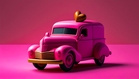 Pink toy truck with heart on top. Generative AI.の素材