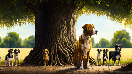 Group of dogs are standing under tree. Generative AI.の素材