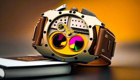 Watch with colorful lenses sitting on top of book. Generative AI.の素材