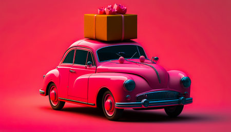 Pink car with gift box on top. Generative AI.の素材