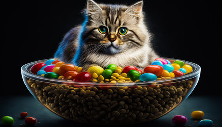 Cat is sitting in a bowl full of candy. Generative AI.の素材