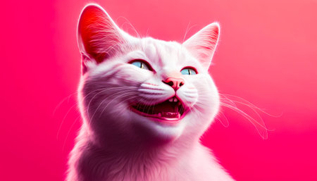 White cat with blue eyes is laughing on pink background. Generative AI.の素材