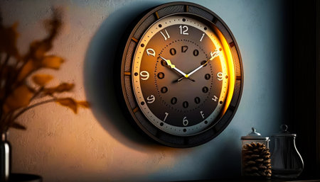 Clock on wall in dark room. Generative AI.の素材