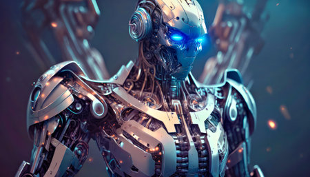 Robot with glowing eyes standing in front of dark background. Generative AIの素材