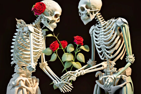 Couple of skeletons holding hands with rose. Generative AIの素材