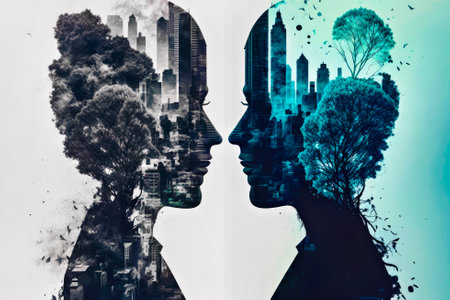 Double image of man and woman's head with trees growing out. Generative AIの素材