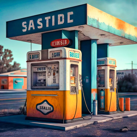 Gas station with two old gas pumps. Generative AIの素材
