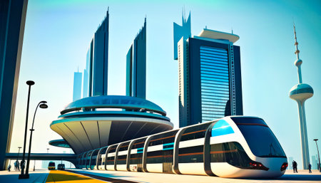 Futuristic train traveling through city next to tall buildings. Generative AIの素材