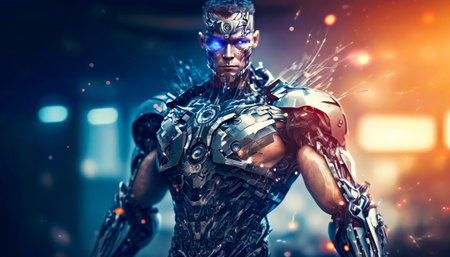 Man in futuristic suit with blue eyes. Generative AIの素材