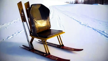 Chair made out of skis sitting in the snow. Generative AI.の素材