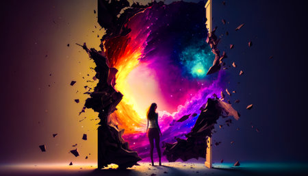 Woman standing in front of hole in the wall. Generative AI.の素材
