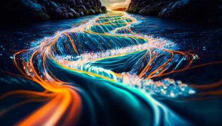 An image of river with orange and blue water flowing through it. Generative AI.の素材
