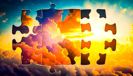 Puzzle piece with clouds and sun in the background. Generative AI.の素材