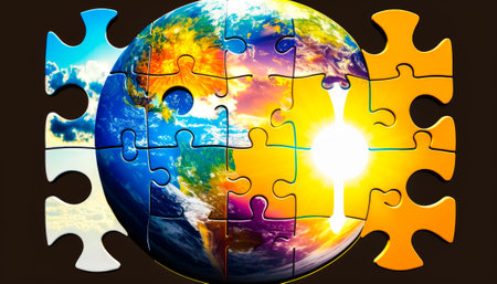 Puzzle piece with the earth and sun in it. Generative AI.の素材