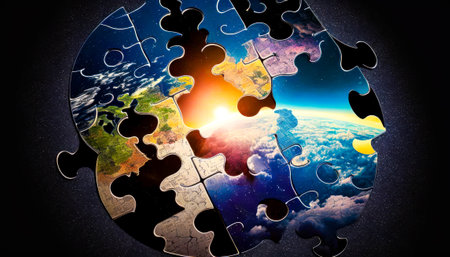 Puzzle piece with the earth and sun in it. Generative AI.の素材