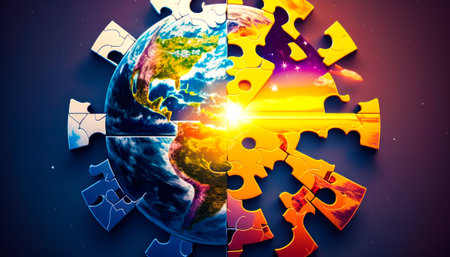 An image of puzzle with the earth and sun in it. Generative AI.の素材