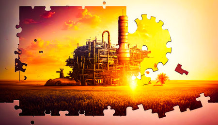 An image of factory in the middle of jigsaw puzzle. Generative AI.の素材