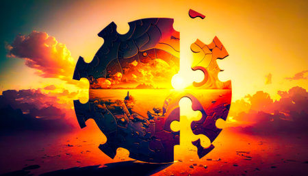 An image of a puzzle piece with the sun in the background. Generative AI.の素材