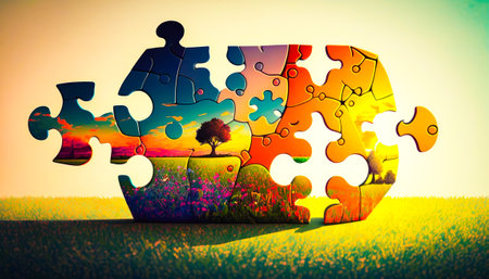 An image of a puzzle piece in the shape of a tree. Generative AI.の素材
