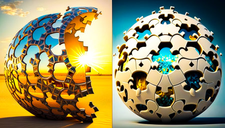 Three different images of an egg with puzzle pieces on it. Generative AI.の素材
