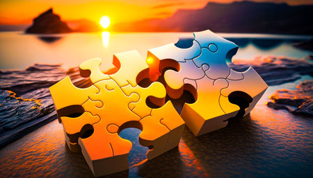 Two puzzle pieces on the beach with the sun setting in the background. Generative AI.の素材