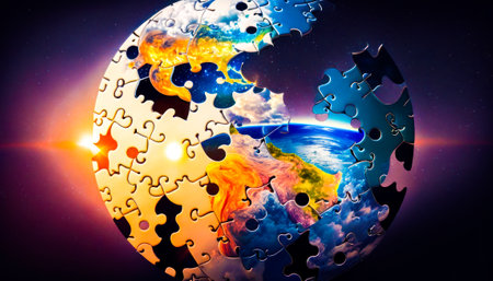 An image of the earth with puzzle pieces. Generative AI.の素材
