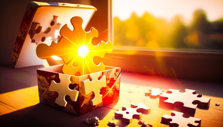Puzzle box with sun shining out of it. Generative AI.の素材