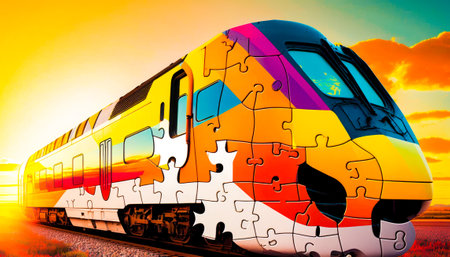 Jigsaw puzzle of train at sunset. Generative AI.の素材