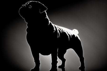 Black and white silhouette of pug dog. Generative AI.の素材