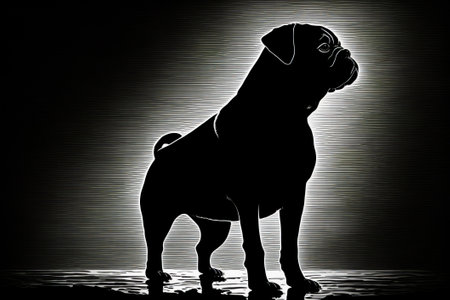 Black and white photo of pug dog. Generative AI.の素材