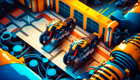 An illustration of two motorcycles in an industrial setting. Generative AI.の素材