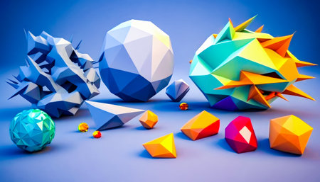 Polygonal 3d objects on blue background. Generative AI.の素材