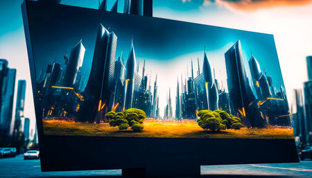 Billboard with cityscape in the background. Generative AI.の素材