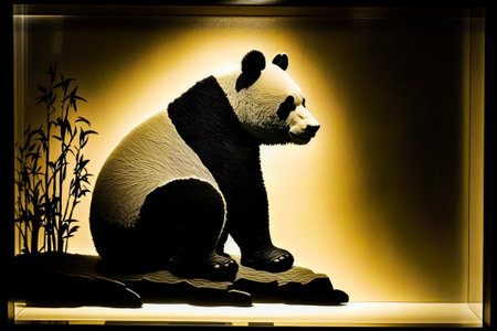 Black and white panda sitting on rock. Generative AI.の素材