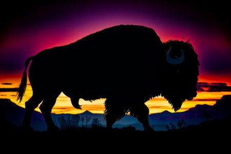Silhouette of bison in the desert at sunset. Generative AI.の素材