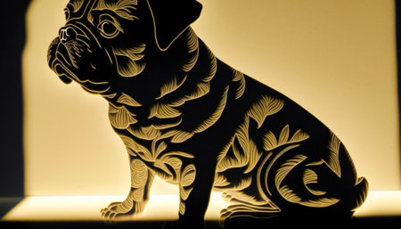 Silhouette of pug dog is lit up on wall. Generative AI.の素材