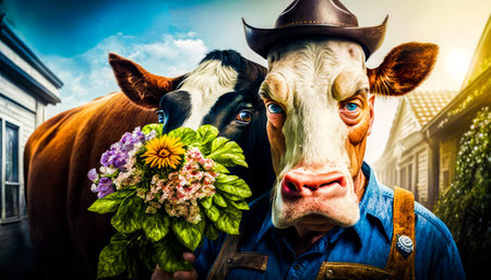 Man is holding flowers and cow in front of house. Generative AI.の素材