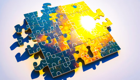 Puzzle piece with the sun through shining it. Generative AI.の素材