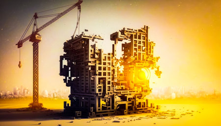 3d rendering of building with cranes in the background. Generative AI.の素材