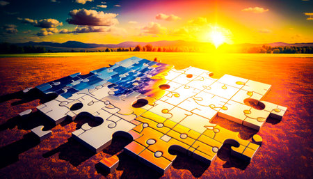 Jigsaw puzzle with the sun setting in the background. Generative AI.の素材