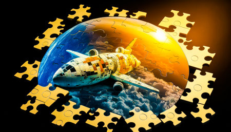 An image of a puzzle piece with an airplane in the middle. Generative AI.の素材
