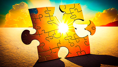 Puzzle piece with the sun shining behind it. Generative AI.の素材