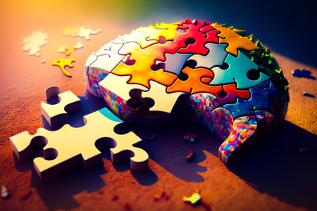 An image of a puzzle piece in the shape of the brain. Generative AI.の素材