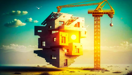 An image of house being built by crane. Generative AI.の素材