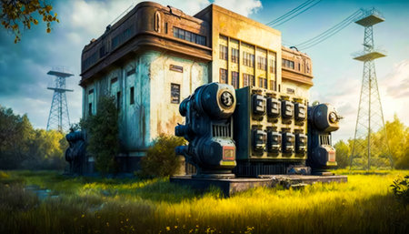 The abandoned building in the middle of the field. Generative AI.の素材